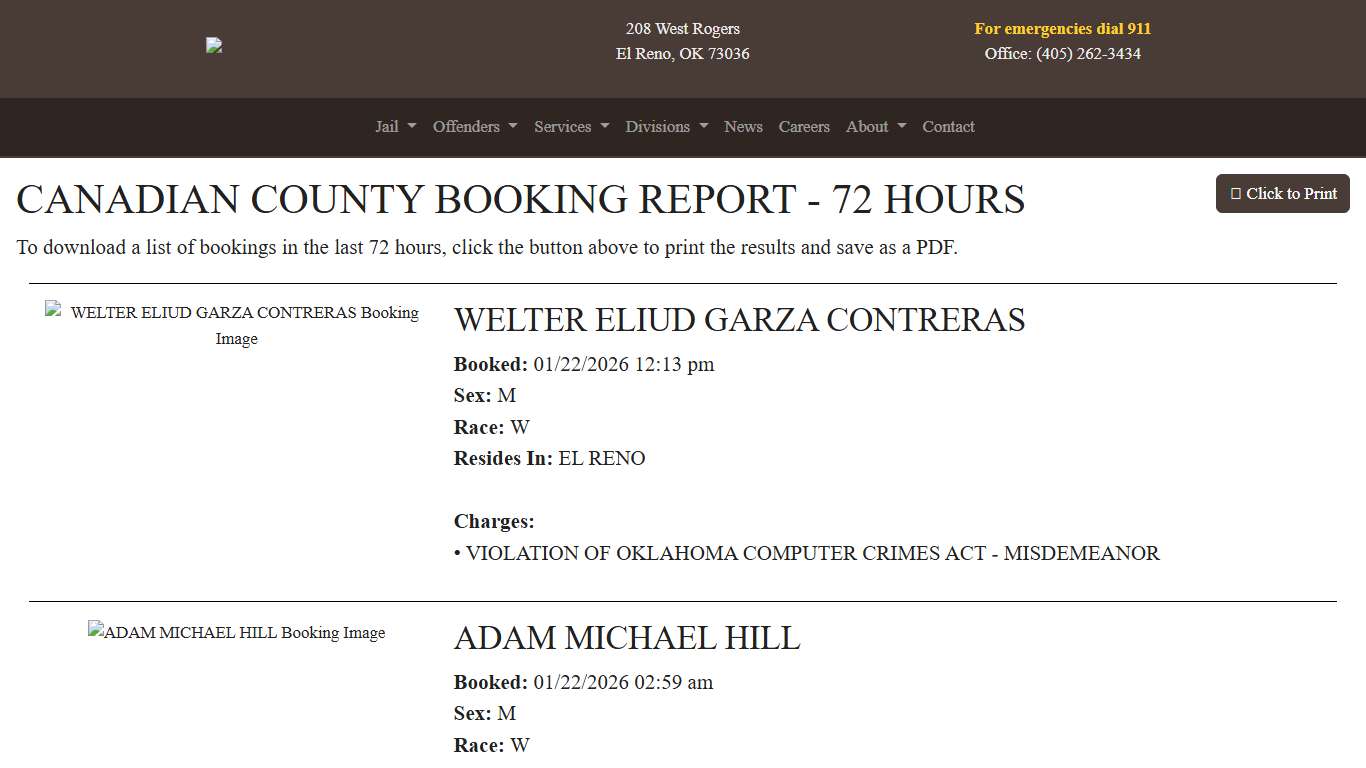 72 Hour Booking Report Canadian County Sheriff's Office